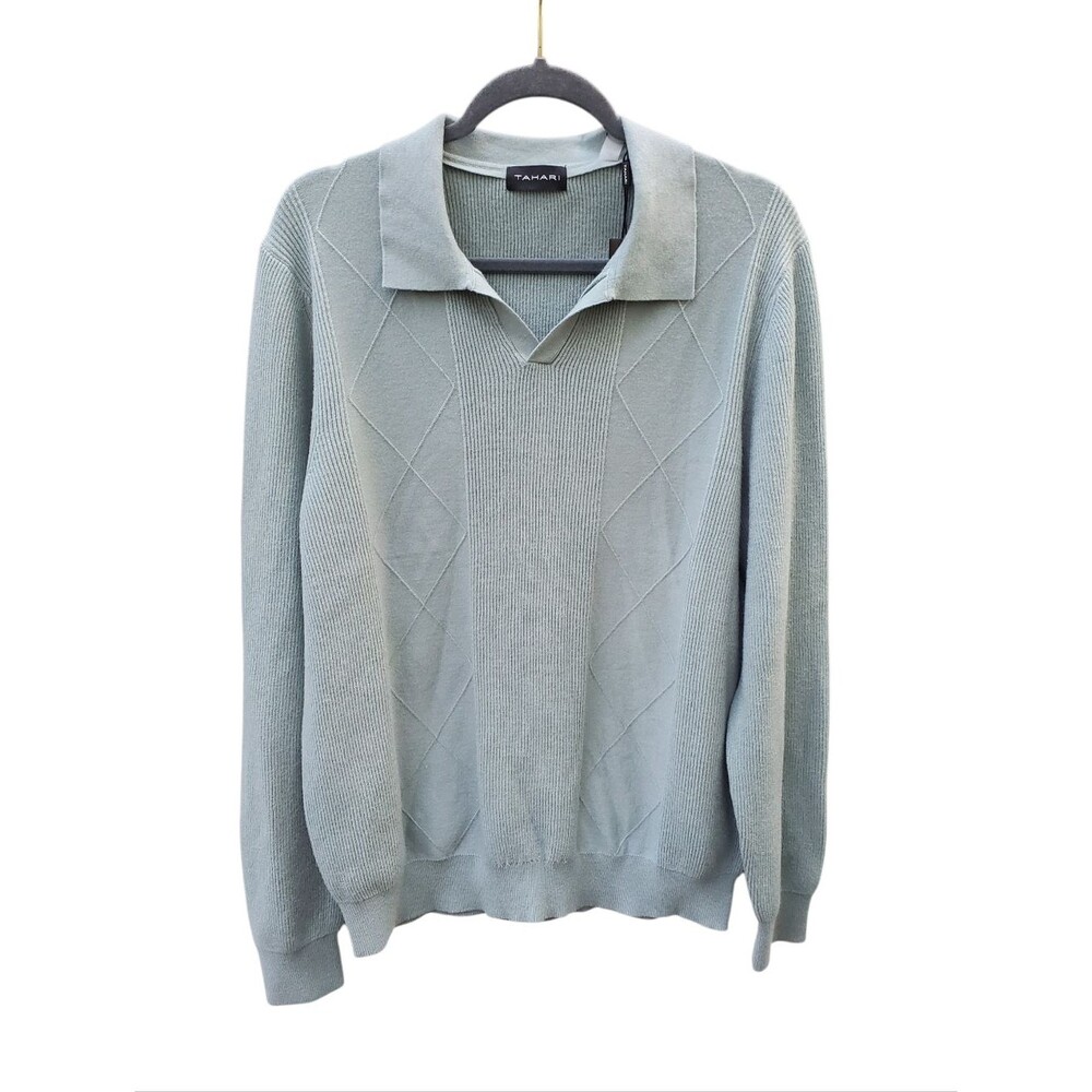 NWT Tahari Large Stone Blue Collared Knit Sweater